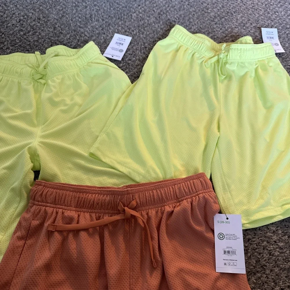3 Athletic Works Men's Small Core Mesh Shorts 2 Yellow And 1 Orange W/ Pockets